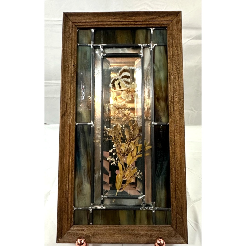Vintage 1970s Stained Glass Pressed Flower & Butterfly Taxidermy Shadow Box